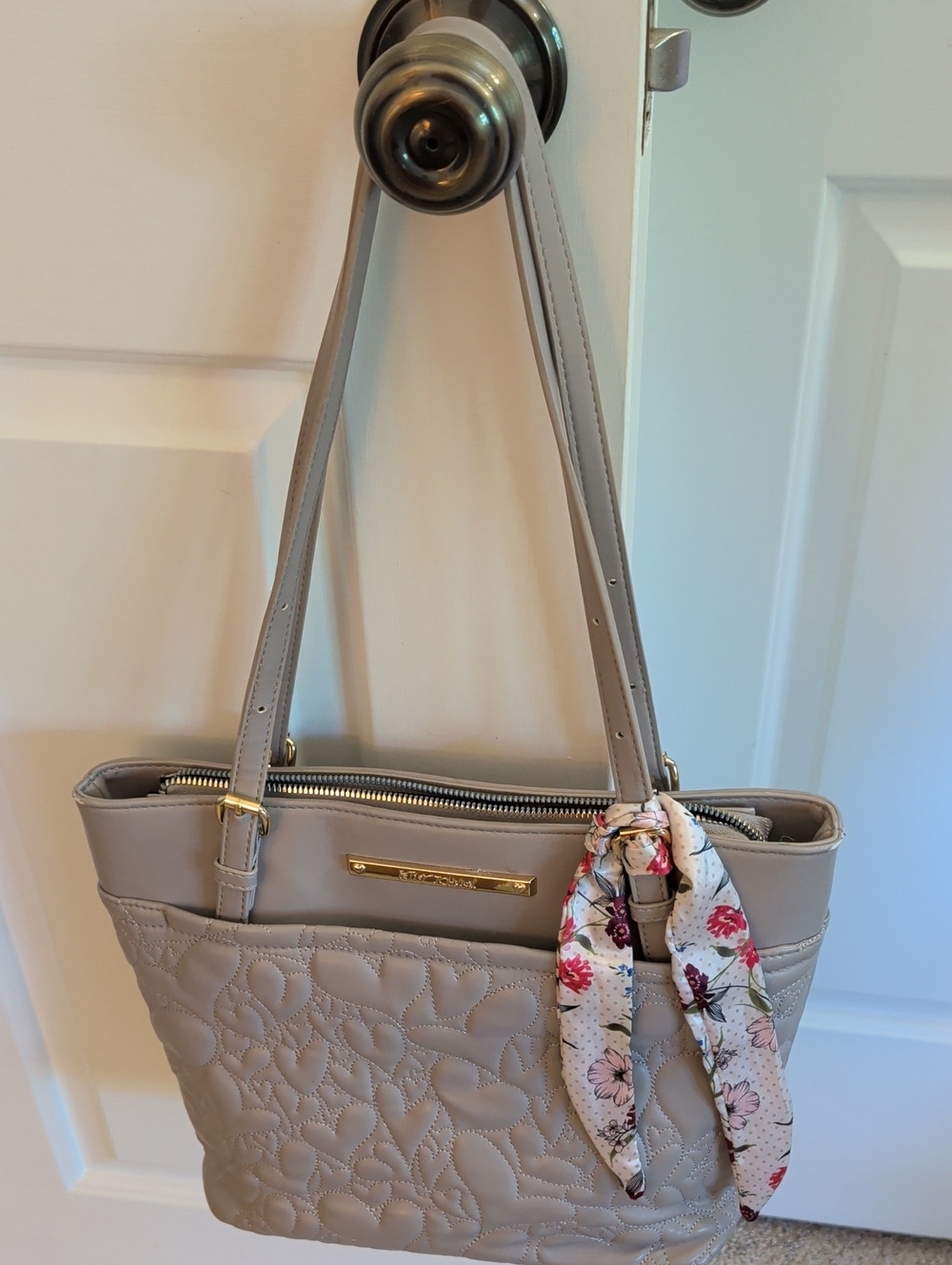 Betsy Johnson Gray Quilted Tote Bag with Floral Scarf Accent